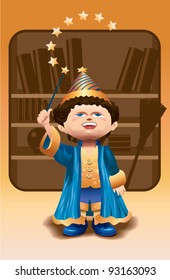 Young wizard with magic wand
