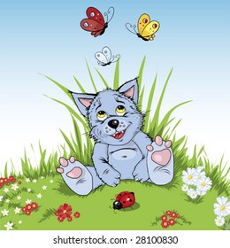 The young wolf, cheerful and amusing, sits on a green clearing and admires beautiful colored butterflies.