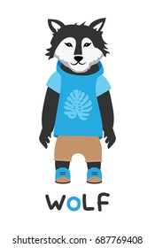Young wolf in a jacket with a hood, art illustration. Card with fashion animals.