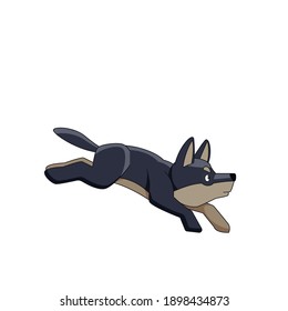 Young wolf running - Canis lupus. Cartoon character of a small mammal animal. A wild forest creature with dark fur.  Side view. Vector flat illustration isolated on a white background.