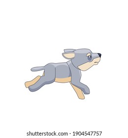 Young wolf running - Canis lupus. Cartoon character of a small mammal animal. A wild forest creature with gray fur.  Side view. Vector flat illustration isolated on a white background.