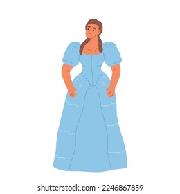 Young woman in 18th century dress costume. Female character in old retro fashion clothes isolated on white background. Baroque and noble european renaissance style. Cartoon flat vector illustration