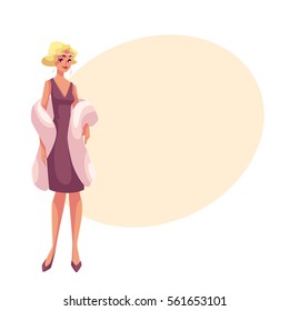 Young woman in 1920s cocktail dress at vintage party, cartoon vector illustration on background with place for text. Beautiful blond woman in cocktail dress and mantel, retro fashion