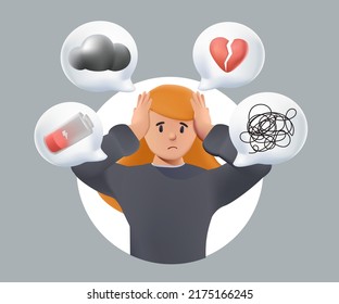 Young woman 3D character who suffers from mental health diseases. Girl surrounded by symptoms of depression disorder anxiety, crisis, tears, exhaustion, loss, overworked, tired. Render 3D vector