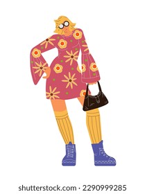 Young woman in the 70s style outfit standing flat vector illustration. People from the 70s. Isolated on white.