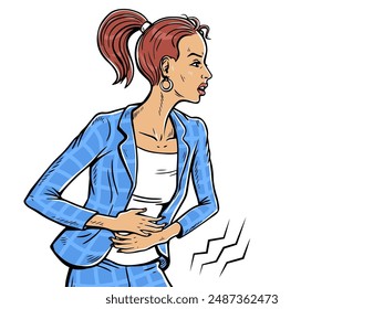 Young woman with abdominal pain. Stress and poor nutrition. Health problems and hunger. Cartoon vector illustration in pop art style. Hand drawn outline