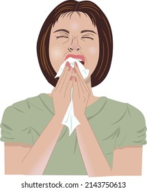 A Young Woman Is About To Sneeze And Covering Her Nose And Mouth With A Handkerchief Or Tissue. Cartoon Vector Illustration. 