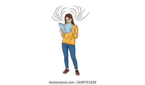 Young woman absorbing knowledge from open book illustrating concentration and learning process