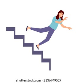 Young woman accident falling down stairs in flat design on white background.