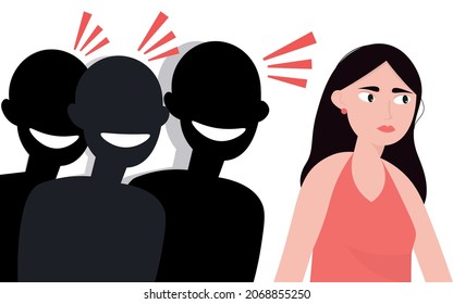 A young woman is accosted on the street, unpleasant offensive components are shouted. catcalling. Harassment on the street. Unfamiliar men pester and whistle after the ladies