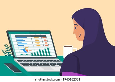 Young Woman Accountant Work with Spreadsheet Program on Laptop Screen in Office Financial Flat Vector Illustration. Can be Used for Digital and Printable Infographic