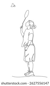Young woman with acket playing badminton. Side view. Continuous line drawing. Black and white vector illustration in line art style.