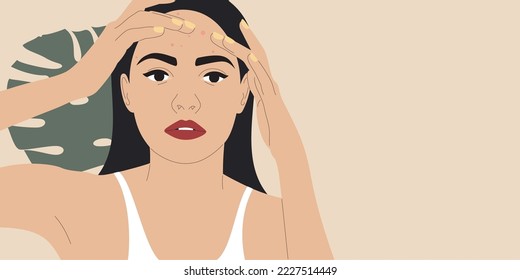 Young woman with acne. Beautiful girl in white t-shirt squeezing pimpile on her face. Skin problem concept. Vector illustration.