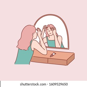 Young woman with acne. Portrait of teenager Girl looking at the mirror. Beauty, skin care lifestyle concept. Hand drawn style vector design illustrations.