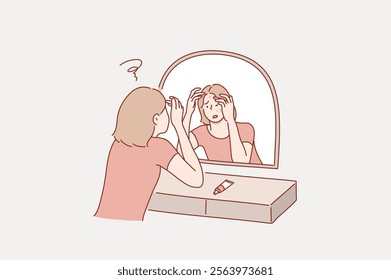 Young woman with acne. Portrait of teenager Girl looking at the mirror. Beauty, skin care lifestyle concept. Hand drawn style vector design illustrations.	