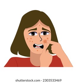 Young woman with acne problem squishing pimples on white background.