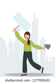 Young woman, activist holding banner, political strike, manifestation, human rights movements, woman's rights, flat vector illustration