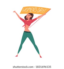 Young Woman Activist Protesting with Flag, Female Protester Character Statementing of her Rights, International Women Day Vector Illustration