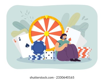 Young woman addicted to gambling vector illustration. Sad player crying, losing money in casino, cards and slot machine. Fight against betting, gambling addiction, casino concept