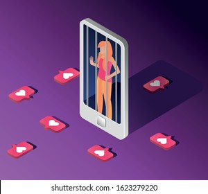 Young woman addicted to likes. Isometric vector illustration of a teenager girl imprisoned in smartphone. Concept of addiction to social media, online attention and gadgets. Psychological problem