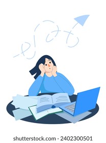 Young woman with ADHD concept. A woman tries to work, study, but cannot concentrate and watches a paper airplane flying over her head. Concept of problems with attention and concentration.