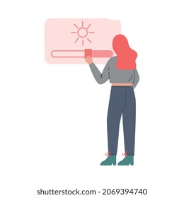 Young Woman Adjusting Smartphone Screen Brightness With Slide Scale Vector Illustration