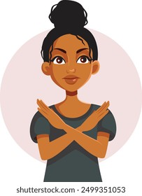 
Young Woman of African Ethnicity Declining with Crossed Arms Vector Illustration. Unhappy girl rejecting and saying no to discrimination
