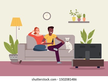 Young woman, afro american man and cat  sitting on sofa and watching TV in the living room. Vector flat style illustration