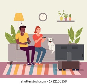 Young woman and afro american man playing videogame on the sofa. Vector flat style illustration