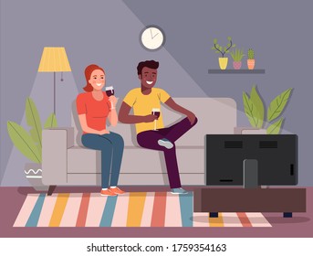 Young woman and afro american man  sitting on sofa, watching TV and drinking a glass of red wine in their living room . Vector flat style illustration