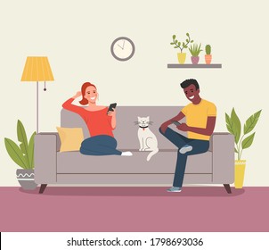 Young woman, afro american man look into the smartphones and cat  sitting on sofa in the living room. Vector flat style illustration