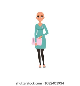 Young woman after chemotherapy, bald woman with cancer, oncology therapy, treatment vector Illustration on a white background