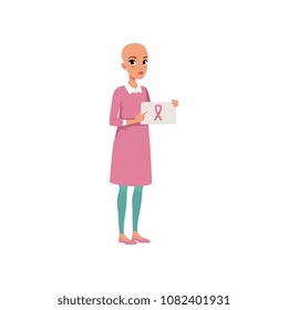 Young woman after chemotherapy holding sign with pink breast cancer ribbon, bald woman with cancer, oncology therapy, treatment vector Illustration on a white background
