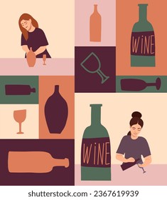 Young woman after drinking alcohol. Drunk tiny person sitting with bottle and glasses of wine flat vector illustration. 