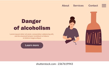 Young woman after drinking alcohol. Drunk tiny person sitting with bottle and glasses of wine flat vector illustration. 