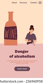 Young woman after drinking alcohol. Drunk tiny person sitting with bottle and glasses of wine flat vector illustration. 