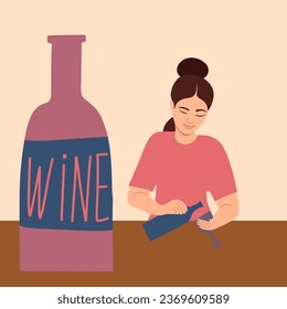 Young woman after drinking alcohol. Drunk tiny person sitting with bottle and glasses of wine flat vector illustration. 