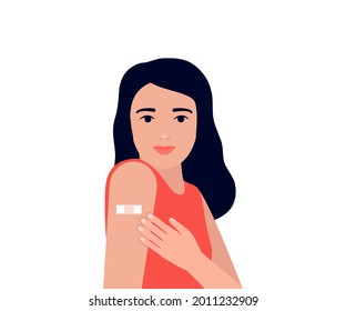 Young woman after vaccination show arm with patch. Protection hand with bandage after receiving inoculation. Concept vaccine coronavirus. Vector illustration