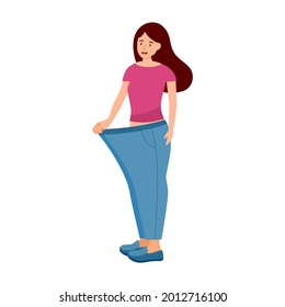 Young woman after weight loss trying her old jeans in flat design on white background. Slim good shape female after dieting and exercise.