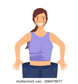 Young woman after weight loss trying her old jeans in flat design on white background. Good slim shape healthy lady after dieting and exercising.