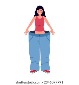 Young woman after weight loss trying her old jeans in flat design on white background. Good slim shape healthy lady after dieting and exercising.