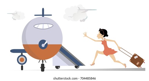 Young woman in the airport isolated. Scurrying woman with a bag trying does not miss the flight
