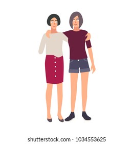 Young woman with amputated arm standing and embracing with her female friend. Teenage girl with physical disability or impairment and her sister walking together. Flat colorful vector illustration.