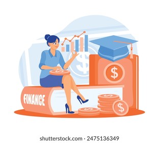 Young woman analyzes financial statistics. Invest to regulate financial balance. Financial education concept. Flat vector illustration.