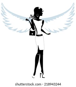 Young Woman with Angel Wings, Wearing Shoes, Beads and Glamorous Women's Handbag .Silhouette.Vector. Illustration