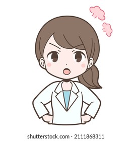 Young woman angry in white coat