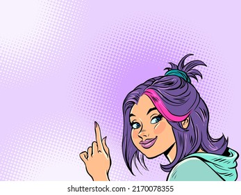 Young woman announces, index finger up. Advertising info announcement sign template