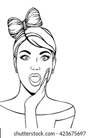 Young woman announcing, telling a secret, shouting or yelling. Big secret comic pop art illustration