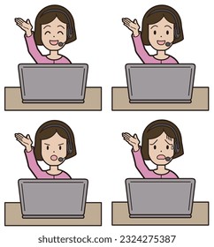 Young woman answering the phone while typing on the computer call center facial expression pattern please see here introduction guide