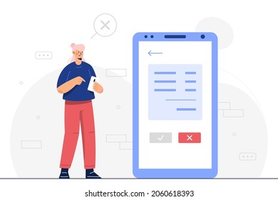 Young woman answering survey true or false on smartphone in hands, cartoon character, vector illustration